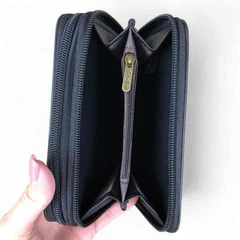 Cotton Road Wallet: Medium BLACK PU Leather Wallet with EMBROIDERED PROTEA