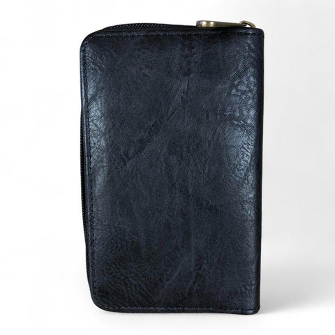 Cotton Road Wallet: Medium BLACK PU Leather Wallet with EMBROIDERED PROTEA