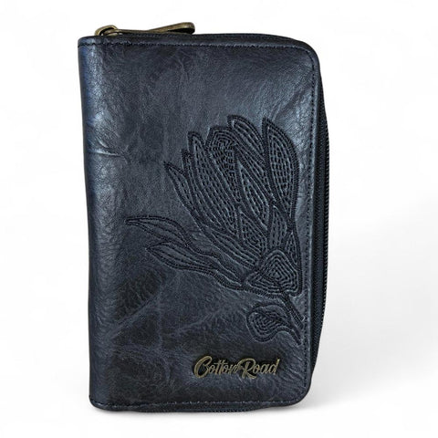 Cotton Road Wallet: Medium BLACK PU Leather Wallet with EMBROIDERED PROTEA