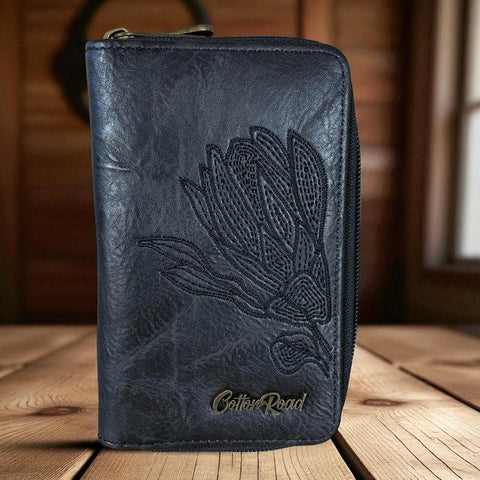Cotton Road Wallet: Medium BLACK PU Leather Wallet with EMBROIDERED PROTEA