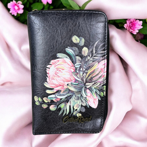 Cotton Road Wallet: Medium BLACK PU Leather with PROTEA Design