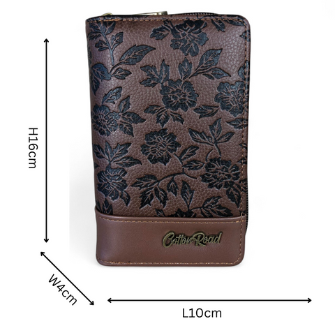 Cotton Road Wallet: Medium BROWN PU Leather Wallet with FLORAL Panel