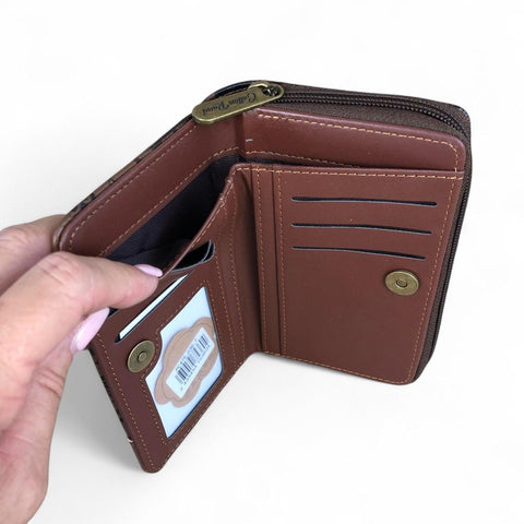 Cotton Road Wallet: Medium BROWN PU Leather Wallet with FLORAL Panel