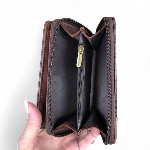 Cotton Road Wallet: Medium BROWN PU Leather Wallet with FLORAL Panel