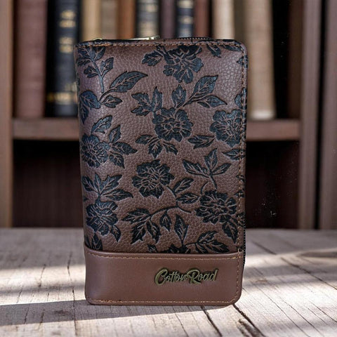 Cotton Road Wallet: Medium BROWN PU Leather Wallet with FLORAL Panel