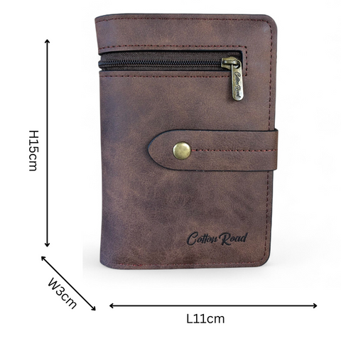 Cotton Road Wallet: Medium BROWN PU Leather Wallet with OUTSIDE ZIP Pocket