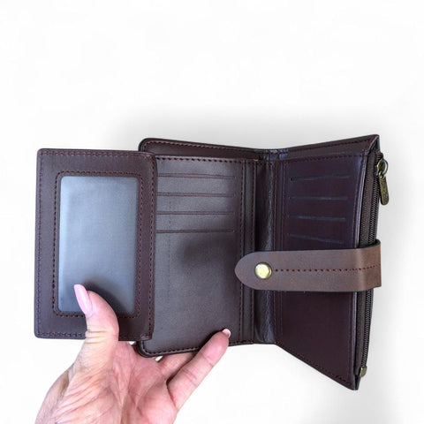 Cotton Road Wallet: Medium BROWN PU Leather Wallet with OUTSIDE ZIP Pocket