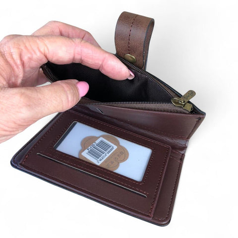 Cotton Road Wallet: Medium BROWN PU Leather Wallet with OUTSIDE ZIP Pocket