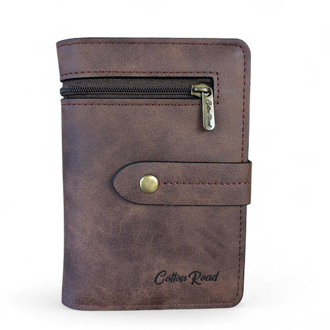 Cotton Road Wallet: Medium BROWN PU Leather Wallet with OUTSIDE ZIP Pocket