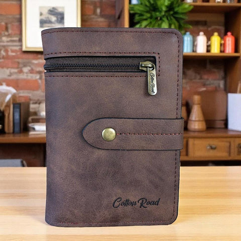Cotton Road Wallet: Medium BROWN PU Leather Wallet with OUTSIDE ZIP Pocket