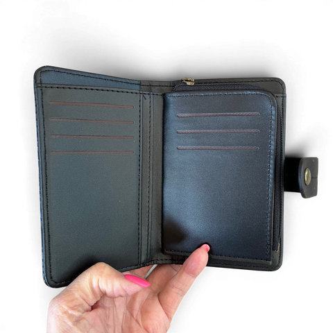 Black Cotton Road handbag and matching wallet set in embossed PU leather with brass hardware