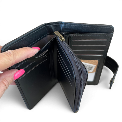 Cotton Road Handbag black embossed PU leather with matching wallet set featuring antique brass hardware and multiple compartments