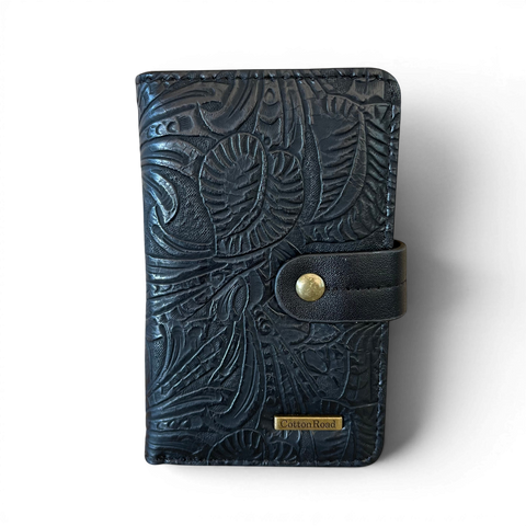 Cotton Road Handbag black embossed PU leather with matching wallet and antique brass hardware