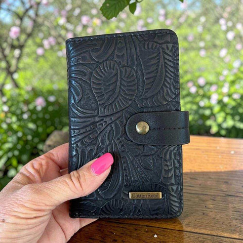 Cotton Road Wallet: Medium Black Embossed PU Leather with Clip