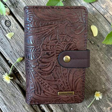 Cotton Road Wallet: Medium Coffee Brown Embossed PU Leather with Clip