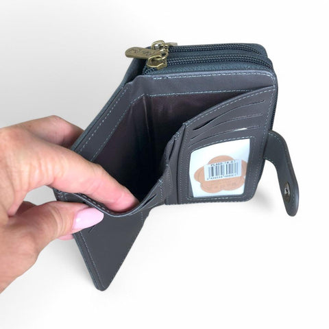 Cotton Road Wallet: Medium GREY PU Leather Wallet with CLIP