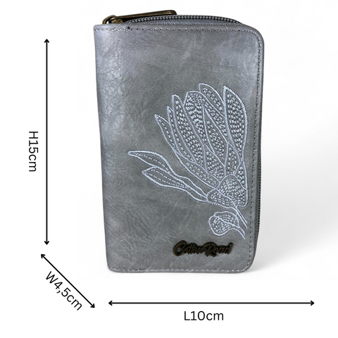 Cotton Road Wallet: Medium GREY PU Leather Wallet with EMBROIDERED PROTEA