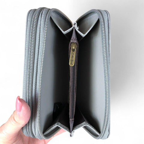 Cotton Road Wallet: Medium GREY PU Leather Wallet with EMBROIDERED PROTEA