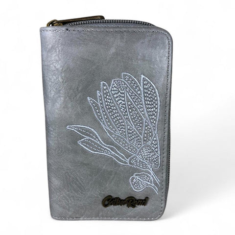 Cotton Road Wallet: Medium GREY PU Leather Wallet with EMBROIDERED PROTEA