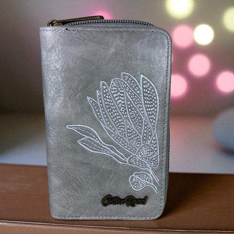 Cotton Road Wallet: Medium GREY PU Leather Wallet with EMBROIDERED PROTEA