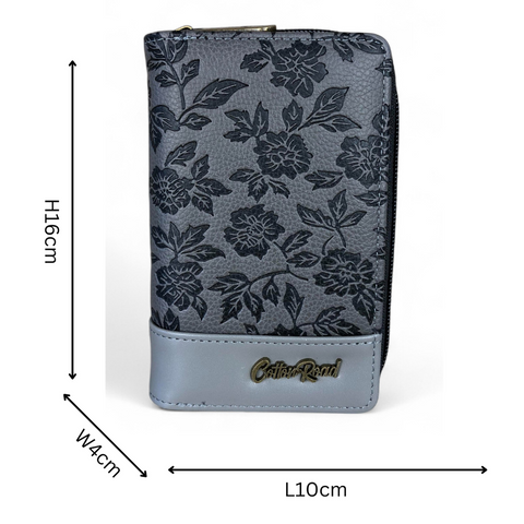 Cotton Road Wallet: Medium GREY PU Leather Wallet with FLORAL Panel