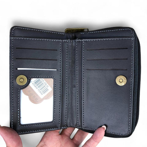 Cotton Road Wallet: Medium GREY PU Leather Wallet with FLORAL Panel