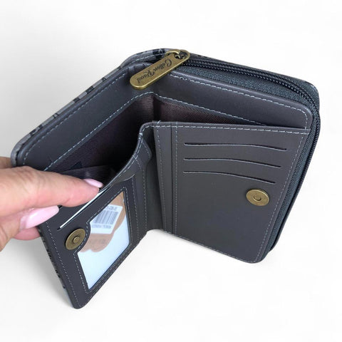 Cotton Road Wallet: Medium GREY PU Leather Wallet with FLORAL Panel
