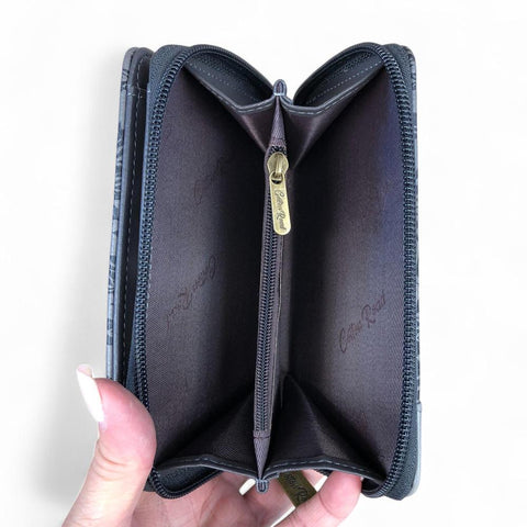 Cotton Road Wallet: Medium GREY PU Leather Wallet with FLORAL Panel