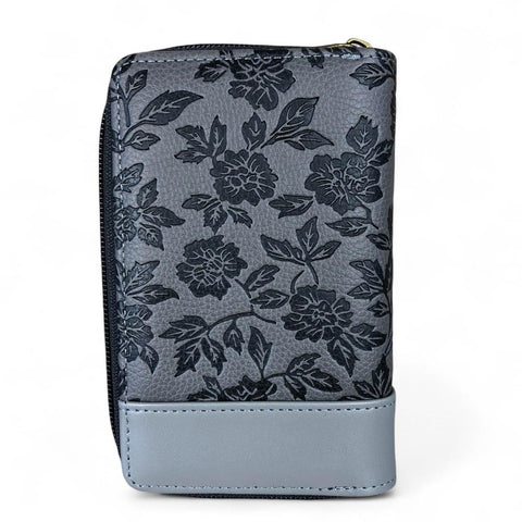Cotton Road Wallet: Medium GREY PU Leather Wallet with FLORAL Panel