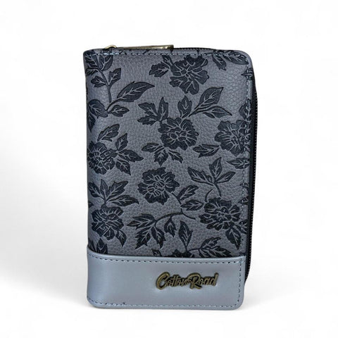 Cotton Road Wallet: Medium GREY PU Leather Wallet with FLORAL Panel