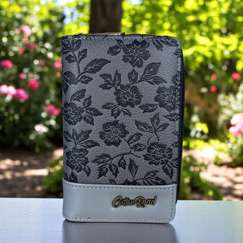 Cotton Road Wallet: Medium GREY PU Leather Wallet with FLORAL Panel