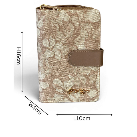 Cotton Road Wallet: Medium KHAKI FLORAL PU Leather with Clip