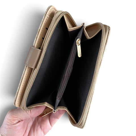 Cotton Road Wallet: Medium KHAKI FLORAL PU Leather with Clip