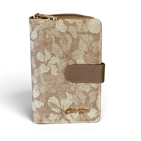 Cotton Road Wallet: Medium KHAKI FLORAL PU Leather with Clip