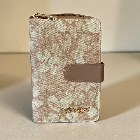 Cotton Road Wallet: Medium KHAKI FLORAL PU Leather with Clip