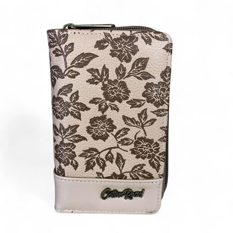 Cotton Road Wallet: Medium KHAKI PU Leather Wallet with FLORAL Panel