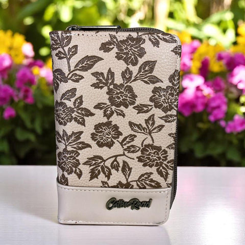 Cotton Road Wallet: Medium KHAKI PU Leather Wallet with FLORAL Panel
