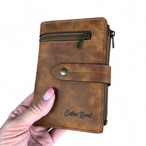 Cotton Road Wallet: Medium KHAKI PU Leather Wallet with OUTSIDE ZIP Pocket