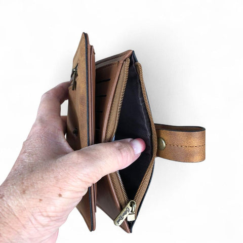 Cotton Road Wallet: Medium KHAKI PU Leather Wallet with OUTSIDE ZIP Pocket