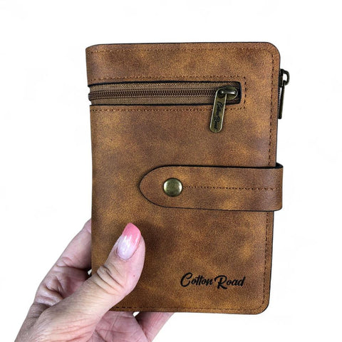 Cotton Road Wallet: Medium KHAKI PU Leather Wallet with OUTSIDE ZIP Pocket