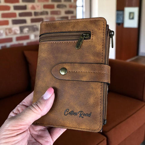 Cotton Road Wallet: Medium KHAKI PU Leather Wallet with OUTSIDE ZIP Pocket
