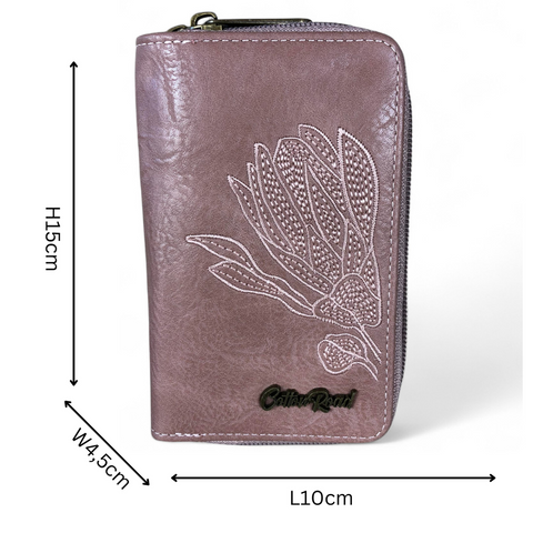 Cotton Road Wallet: Medium PINK PU Leather Wallet with EMBROIDERED PROTEA