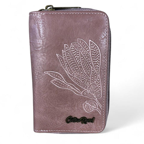Cotton Road Wallet: Medium PINK PU Leather Wallet with EMBROIDERED PROTEA