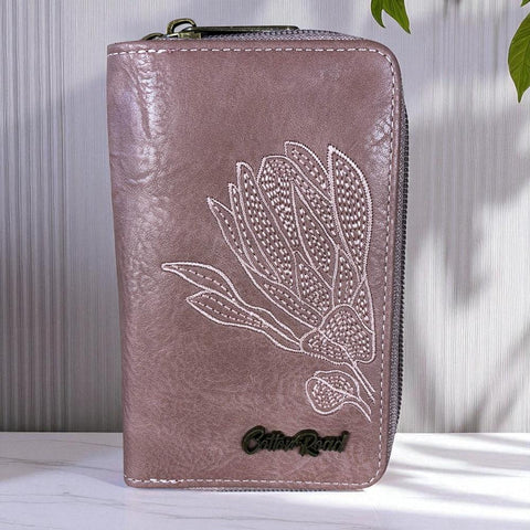 Cotton Road Wallet: Medium PINK PU Leather Wallet with EMBROIDERED PROTEA