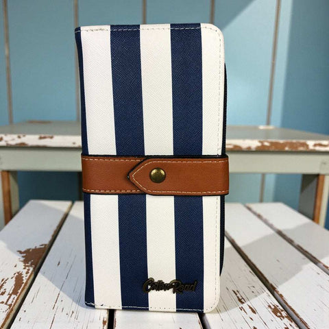 Cotton Road Wallet: NAVY & WHITE PVC Wallet with TAN Strap - Stylish & Functional