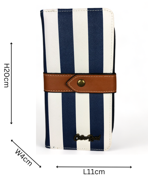 Cotton Road Wallet: NAVY and WHITE PVC Wallet with TAN Strap detailing