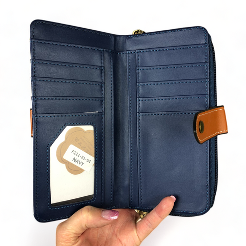 Cotton Road Wallet: NAVY and WHITE PVC Wallet with TAN Strap detailing