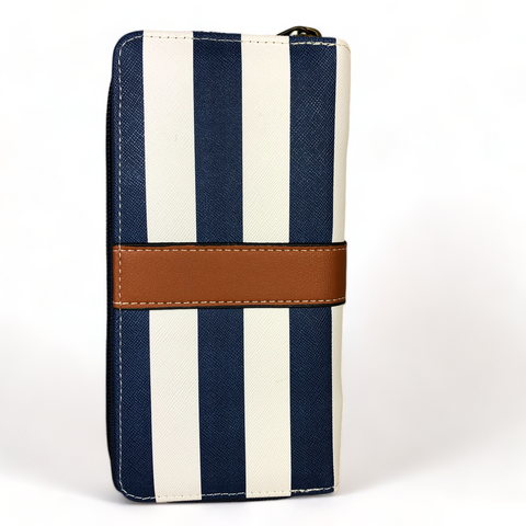 Cotton Road Wallet: NAVY and WHITE PVC Wallet with TAN Strap detailing
