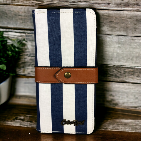 Cotton Road Wallet: NAVY and WHITE PVC Wallet with TAN Strap detailing