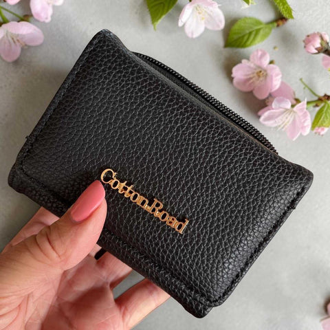 Cotton Road Wallet: Small BLACK PU Leather - Compact & Practical